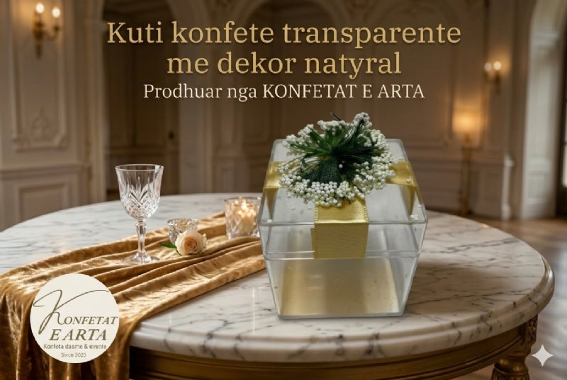 Kuti konfete transparente me dekor natyral nga KONFETAT E ARTA, kuti konfete me fjongo ari, konfete me dekor natyral, kuti transparente me dekor ari, konfeta me shirit sateni, set me cokollata ceremoniale, kartoline me tekst te stampuar