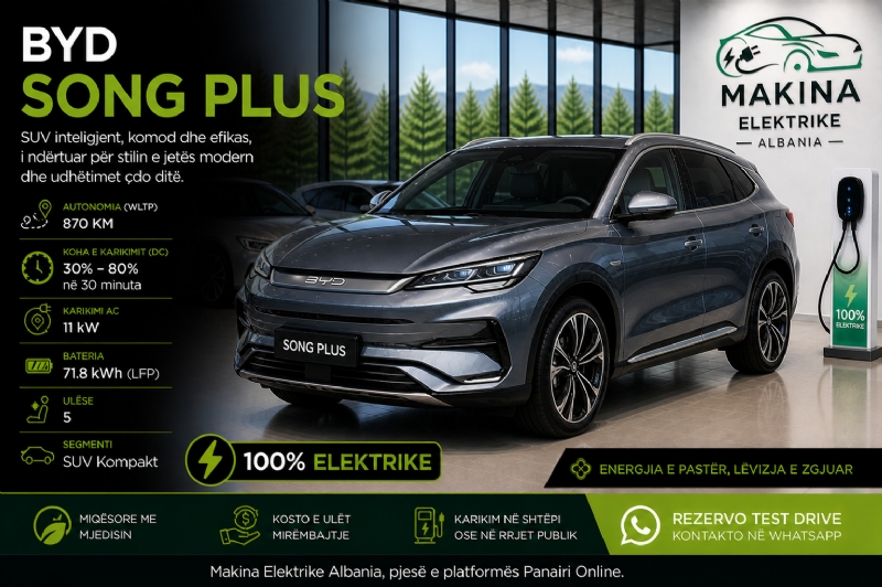 BYD SONG PLUS, makinë elektrike SUV familjare me komfort të lartë dhe autonomi të mirë, ideale për përdorim të përditshëm, familje, biznes dhe udhëtime të gjata me kosto të ulët.